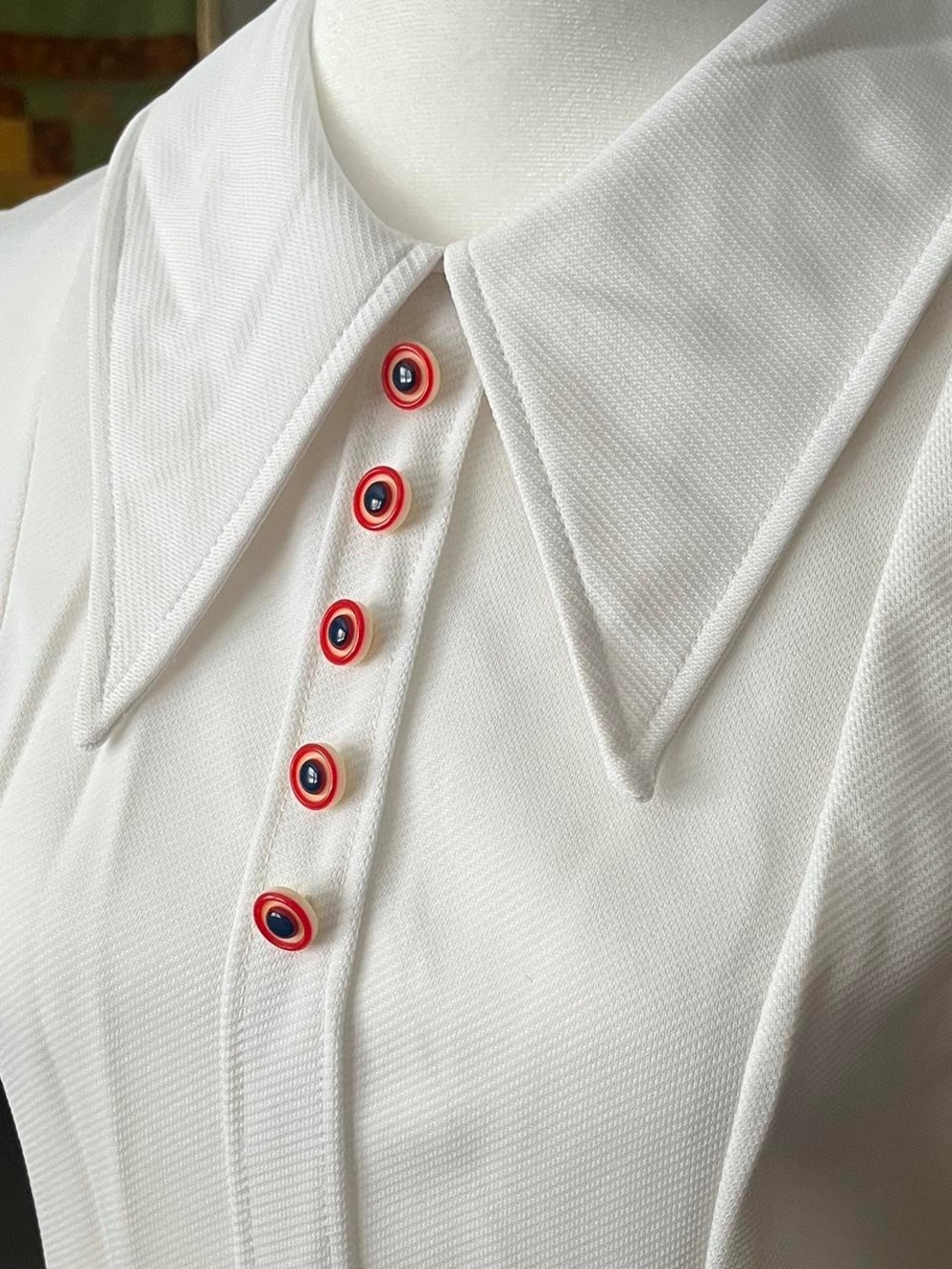 Retro Handmade Crisp White Collared Blouse Dress with Red & Navy Accent Buttons